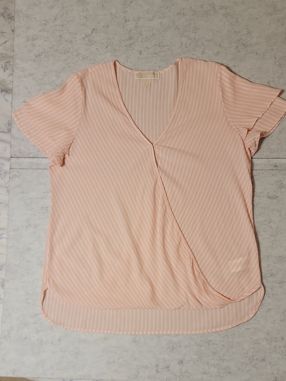 MICHAEL Michael Kors Coral White Striped Ruffle Sleeve Faux Wrap V Neck Blouse M